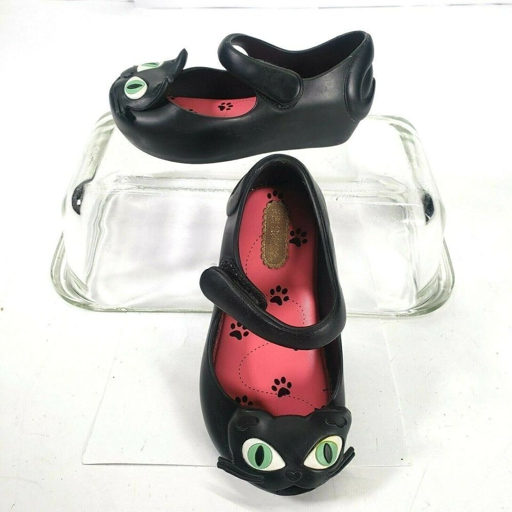Mini Melissa girls size 7 black cat ultragirl mary jane peep toe hook and loop